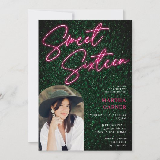 ネオンピンクの看板スクリプト緑の写真アーチ甘い16 招待状 (正面)