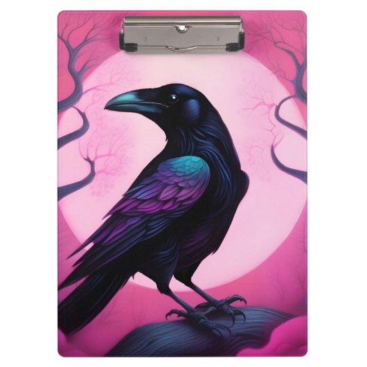 ネオンピンクの背景のカラスのスケッチ クリップボード (正面)