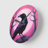 ネオンピンクの背景のカラスのスケッチ ラウンド壁時計 (傾斜)