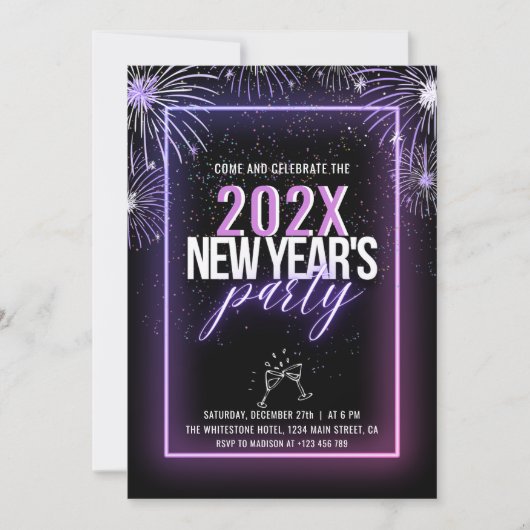 ネオンピンクの花火新年 招待状 (正面)