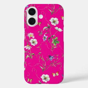 ネオンピンクの野花と蝶 iPhone 16ケース