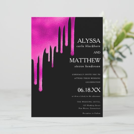 ネオンピンクの黒い水の色のグラデーションの結婚乾燥 招待状 (スタンド正面)