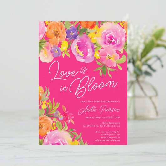 ネオンピンクはっきりしたフローラ水彩ブライダルシャワー 招待状 (スタンド正面)