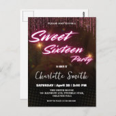 ネオンピンクエレガントレトロブラックスウィート16誕生日 ポストカード (正面/裏面)