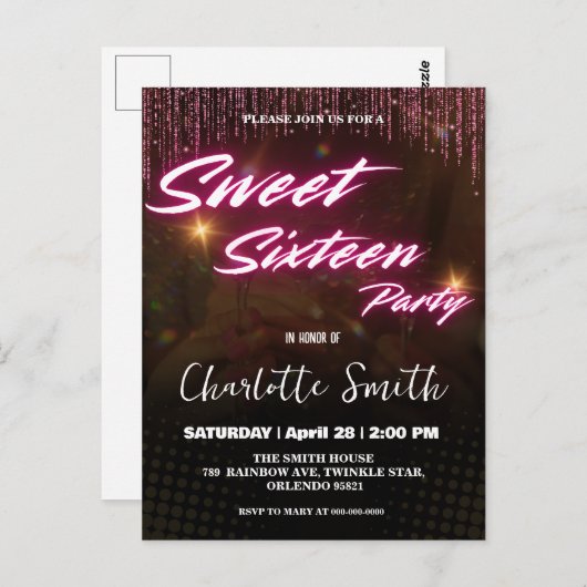 ネオンピンクエレガントレトロブラックスウィート16誕生日 ポストカード (正面/裏面)