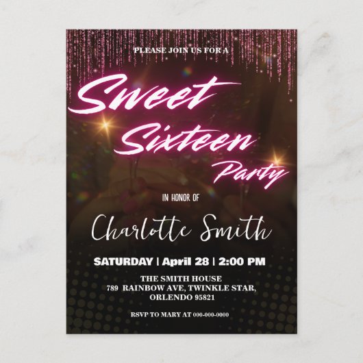 ネオンピンクエレガントレトロブラックスウィート16誕生日 ポストカード (正面)