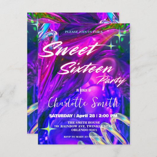 ネオンピンクエレガントレトロブラックスウィート16誕生日 ポストカード (正面/裏面)