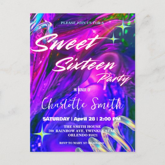 ネオンピンクエレガントレトロブラックスウィート16誕生日 ポストカード (正面)