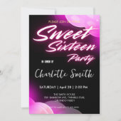 ネオンピンクエレガントレトロブラックスウィート16誕生日 招待状 (正面)
