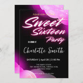 ネオンピンクエレガントレトロブラックスウィート16誕生日 招待状 (正面/裏面)