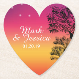 ネオンピンクグラデーショントロピカルツリーサンセットビーチ ペーパーコースター