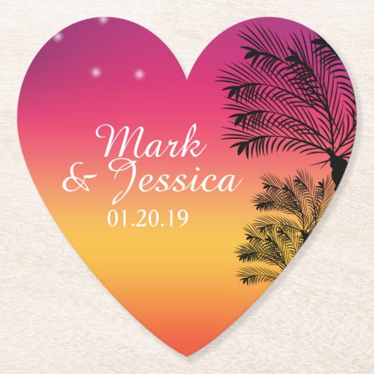 ネオンピンクグラデーショントロピカルツリーサンセットビーチ ペーパーコースター (正面)