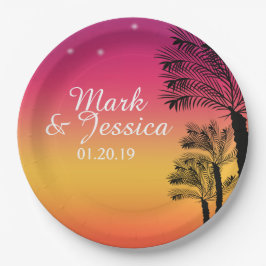 ネオンピンクグラデーショントロピカルツリーサンセットビーチ ペーパープレート