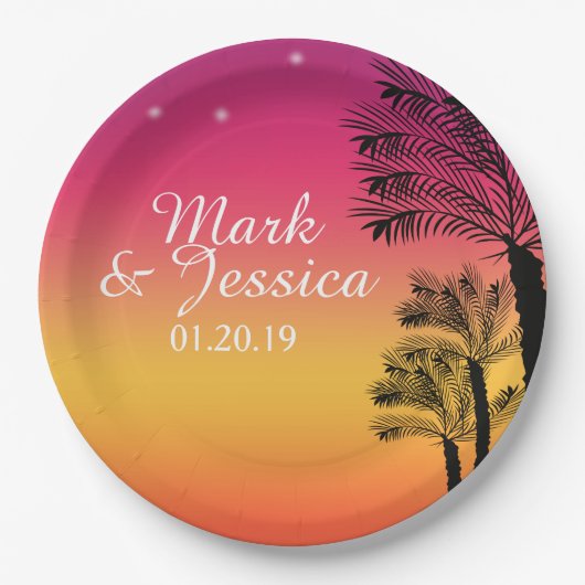 ネオンピンクグラデーショントロピカルツリーサンセットビーチ ペーパープレート (正面)
