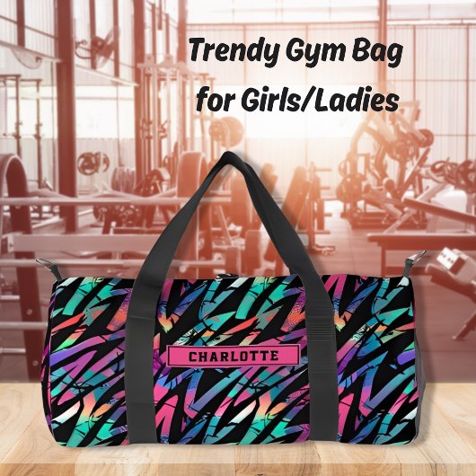 ネオンピンクグランジ抽象芸術ストライプ女子スポーツ ダッフルバッグ