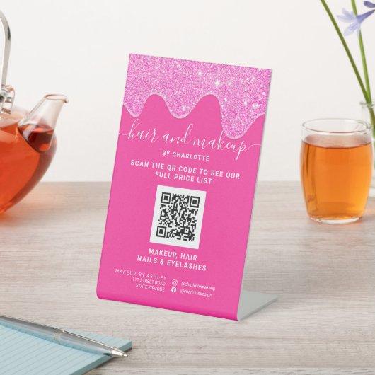 ネオンピンクグリッターの乾燥はデジタルQR価格を構成 台座サイン (インサイチュ)