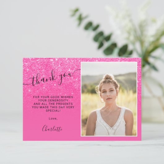 ネオンピンクグリッターグラデーショントレンディー写真Sweet 16 サンキューカード (スタンド正面)