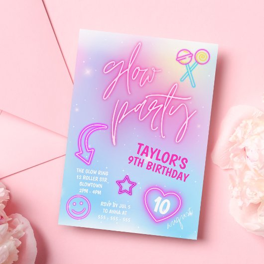 ネオンピンクグローパーティー誕生日 招待状
