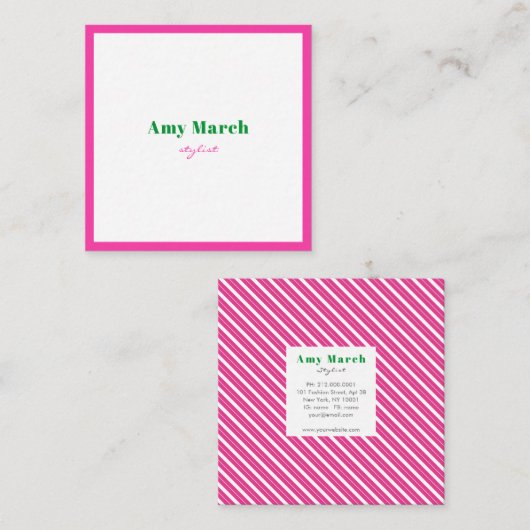 ネオンピンクストライプトレンディースクエアビジネスカード スクエア名刺 (正面/裏面)