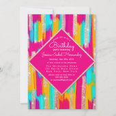 ネオンピンクティール(緑がかった色)イエロー金ゴールドグリッター絵を描誕生日 招待状 (正面)
