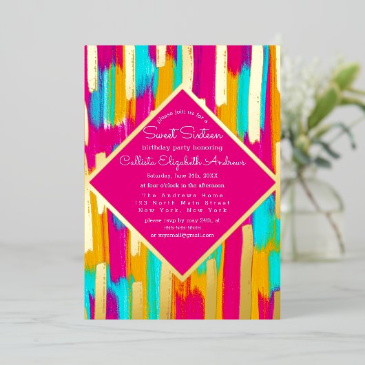 ネオンピンクティール(緑がかった色)イエロー金ゴールド絵を描グリッタースイーツ16 箔招待状 (立ち正面)