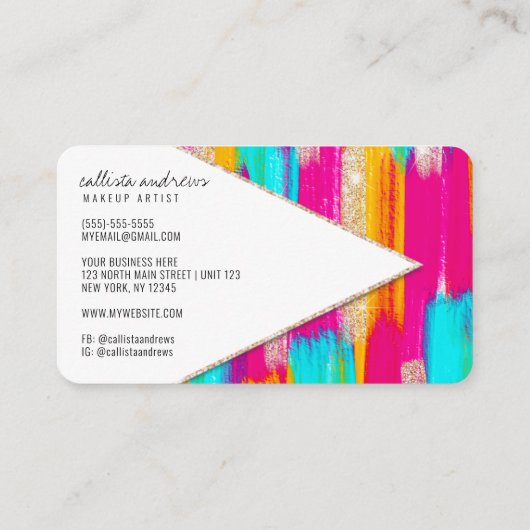 ネオンピンクティール(緑がかった色)イエロー金ゴールド絵を描グリッターメイクアップ 名刺 (裏面)