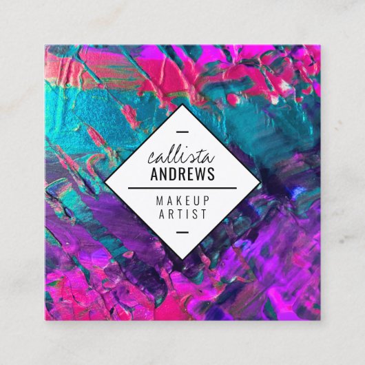 ネオンピンクティール(緑がかった色)紫メタリック絵を描メクアップ スクエア名刺 (正面)