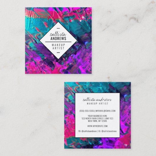 ネオンピンクティール(緑がかった色)紫メタリック絵を描メクアップ スクエア名刺 (正面/裏面)
