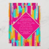 ネオンピンクティール（緑がかった色）金ゴールド絵を描グリッターキンセアニラ 招待状 (正面/裏面)