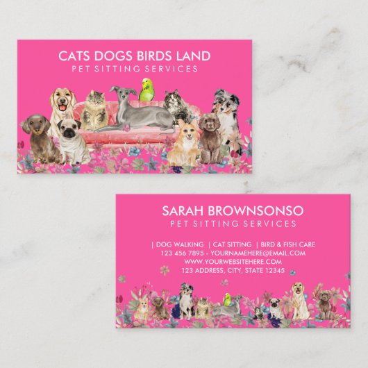 ネオンピンクドッグキャットバードホテルソファペットシッター 名刺 (正面/裏面)
