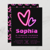 ネオンピンクハートバジェットバースデーパーティーの招待 (正面/裏面)