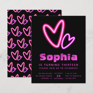 ネオンピンクハートバジェットバースデーパーティーの招待
