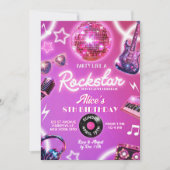 ネオンピンクパープルのロックスターティーンガール誕生日パーティー 招待状 (正面)