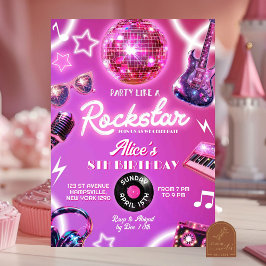 ネオンピンクパープルのロックスターティーンガール誕生日パーティー 招待状