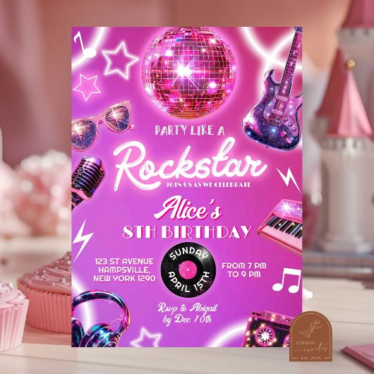 ネオンピンクパープルのロックスターティーンガール誕生日パーティー 招待状