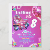 ネオンピンクパープルガールスケートディスコボール誕生日 招待状 (正面)