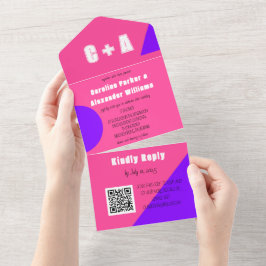 ネオンピンクパープルモダンレトロはっきりしたエレガント オールインワン招待状