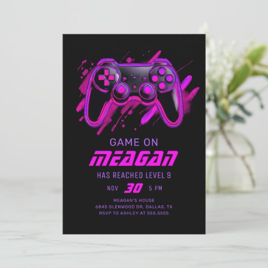 ネオンピンクビデオゲームゲーマー誕生日 招待状 (スタンド正面)