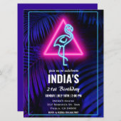 ネオンピンクフラミンゴトロピカルリーフ誕生日 招待状 (正面/裏面)