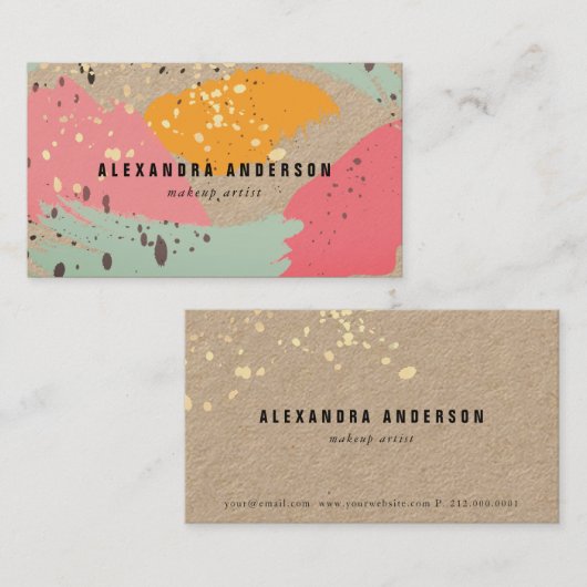 ネオンピンクブラシストローククラフト紙名刺 名刺 (正面/裏面)