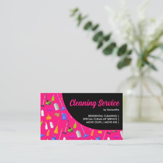 ネオンピンクブラックハウスモダン清掃サービス 名刺 (スタンド正面)