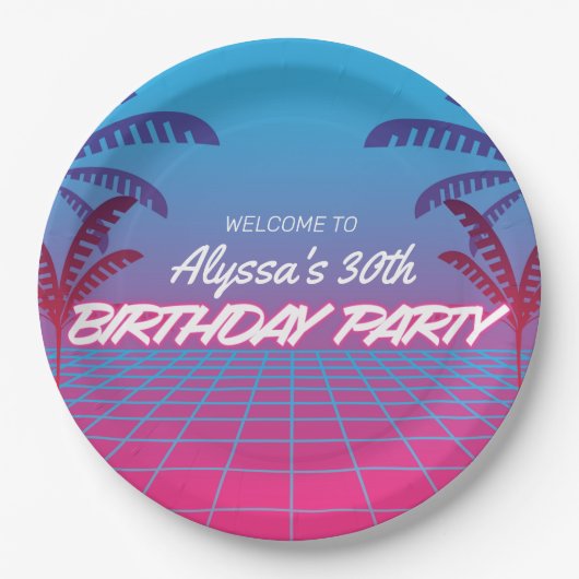 ネオンピンクブルーレトロ80sテーマ誕生日パーティー昼寝 ペーパープレート (正面)