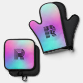 ネオンピンクブルー&パープルモノグラグラデーションム 鍋つかみ&鍋敷きセット (正面/裏面)