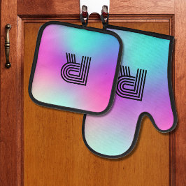 ネオンピンクブルー&パープルモノグラグラデーションム 鍋つかみ&鍋敷きセット