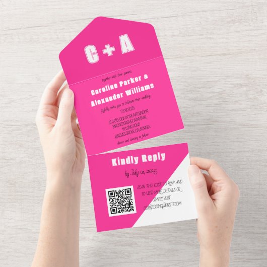 ネオンピンクホワイトモダンレトロはっきりしたエレガント オールインワン招待状 (貼ってはがせる)
