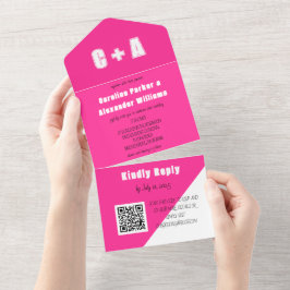 ネオンピンクホワイトモダンレトロはっきりしたエレガント オールインワン招待状