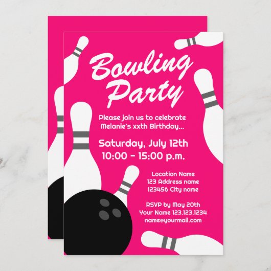 ネオンピンクボーリングバースデーパーティ招待状 招待状 (正面/裏面)