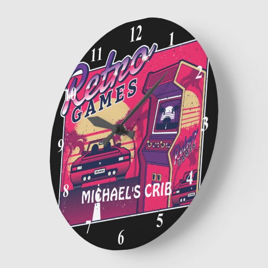 ネオンピンクレトロゲーマーゲー10代のムキッズゲーム ラージ壁時計 (傾斜)