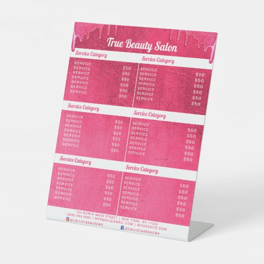 ネオンピンク厚いグリッタードリップサロン価格表 台座サイン (正面)