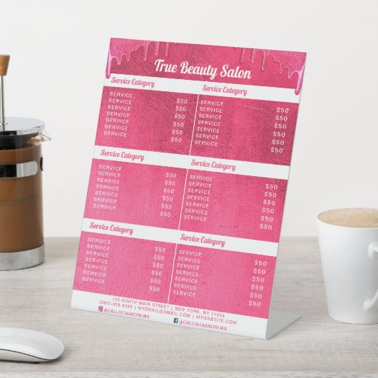 ネオンピンク厚いグリッタードリップサロン価格表 台座サイン (インサイチュ)